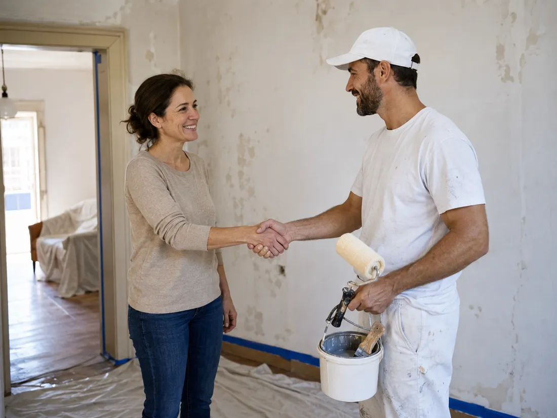 Pintor a cumprimentar uma cliente antes de iniciar a obra
