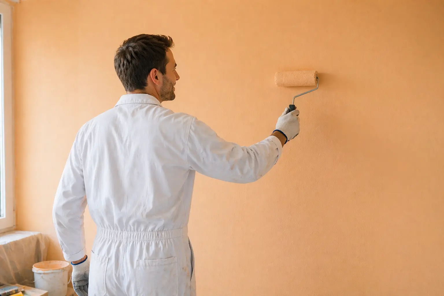 Pintor a aplicar tinta com rolo numa parede da sala