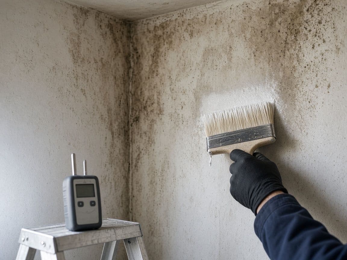 Wall with damp stains being treated
