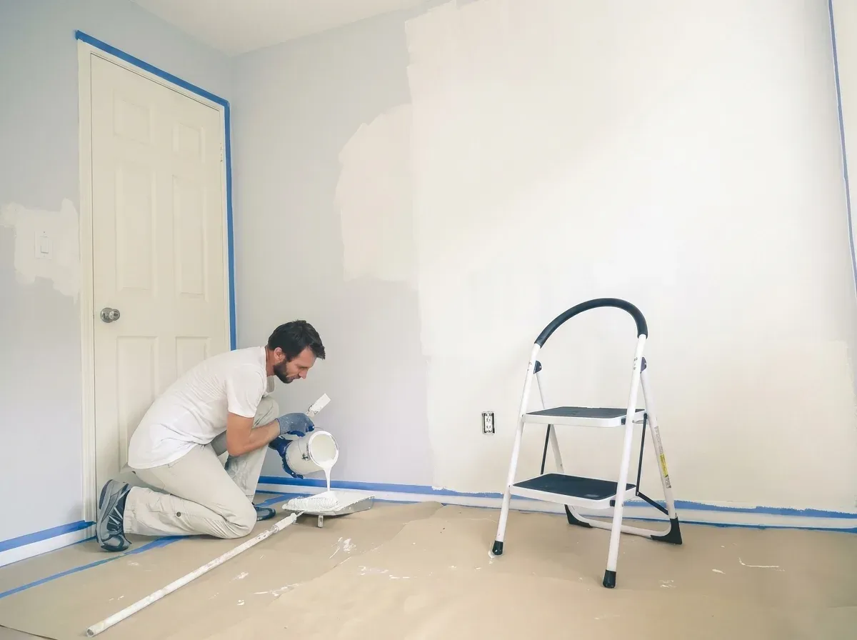 Painter preparing and smoothing a wall