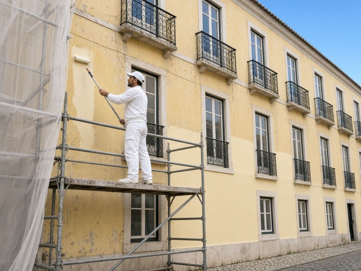 Painting the facade of a building with scaffolding
